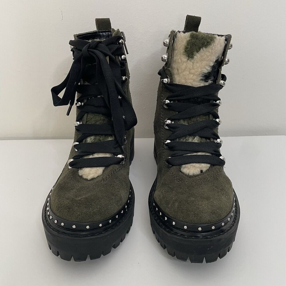 Steve Madden Suede Combat Lace Up Boots Lug Sole 5.5 Green Camouflage‎ Sherpa